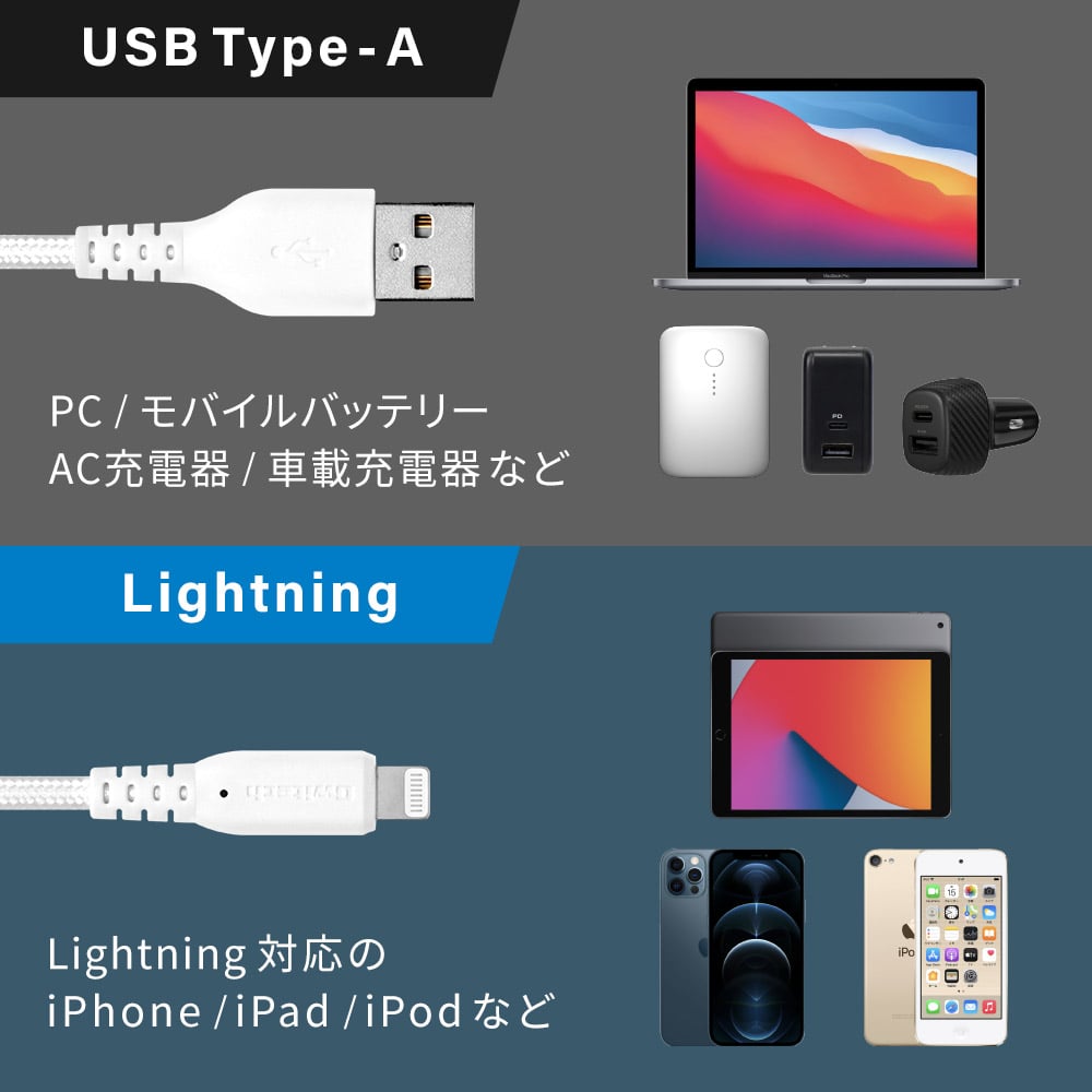 快速充電 2.4 A/資料傳輸 Type-A 對 Lightning 連接線 黑色 約 42 公克 及其他 OWL-CBA4LA5-WH 和更多型號 - 商品圖 4